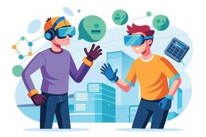 An illustration of two men wearing VR headsets, interacting with each other in a virtual environment. vector