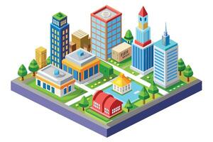 An isometric illustration of a modern city with tall buildings, green spaces, and a small lake in the center. vector