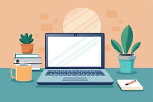 An illustration of a simple and modern home office desk with a laptop, coffee mug, potted plants, and a notepad with a pencil. vector