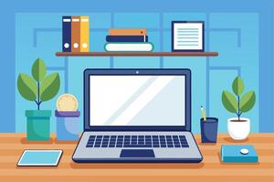 An illustration of a modern desk with an open laptop, plants, books, a clock, and a pencil. vector