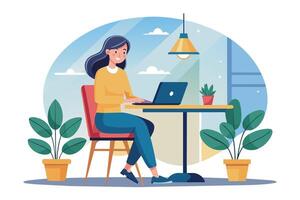 A woman sits at a table in a coffee shop, working on her laptop. She has a cheerful expression and seems to be enjoying her work. vector