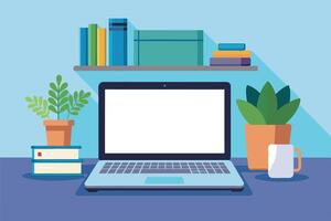 A simple illustration of a home office desk with a laptop computer, potted plants, and books on a shelf. vector