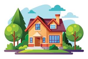 An illustration of a yellow and brown suburban home with a red roof and a chimney, surrounded by green trees and a blue sky with white clouds. vector