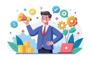 An illustration depicting a businessman holding a megaphone, symbolizing the promotion of business success and growth, with checkmarks and cogwheels representing achievements and processes. vector