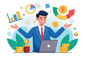 A cartoon businessman is depicted in a celebratory pose, holding a laptop while surrounded by images of financial success, including growing money, a rising arrow, and a checkmark. vector