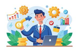 A happy businessman working on his laptop, surrounded by positive financial indicators and symbols of success, showcasing his ability to manage and grow his business effectively. vector