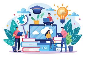 Illustration depicting students studying on laptops, surrounded by digital resources, representing the evolution of education. vector