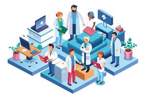A group of diverse medical professionals stand in a modern healthcare setting, showcasing the collaborative nature of the medical field. vector