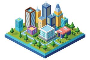 A colorful and detailed isometric illustration of a modern city, featuring tall buildings, green spaces, and winding walkways. vector