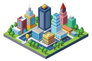 This image depicts a colorful isometric illustration of a city with several buildings, trees, and a small road. vector