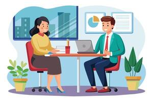 Two businesspeople, a man and a woman, are seated at a desk in a modern office. They are having a meeting and discussing business. vector