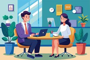 A man and woman are seated at a desk in a modern office. The man is on a laptop while the woman writes on a notepad. Both appear to be having a productive meeting. vector