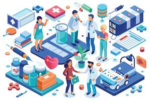 An isometric illustration depicting healthcare professionals in a modern hospital setting, engaged in various activities like consultations, medical record review, and technology usage. vector