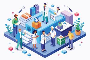 An isometric illustration showing medical workers in a healthcare setting. It includes doctors, nurses, and staff assisting patients and each other. vector