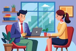 A man in a suit sits with a woman in a casual outfit, both looking at each other and gesturing. vector