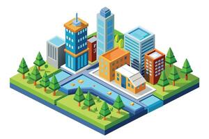 A colorful isometric illustration depicting a cityscape with various buildings, parks, and a river flowing through the center. vector