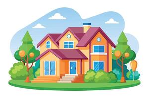 Illustration of a colorful two-story house with green trees and a yard. vector