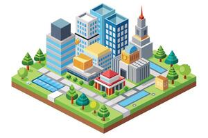 A colorful illustration depicting a modern city scene with various buildings, trees, and a small park. The image is rendered in an isometric style, giving a three-dimensional perspective. vector