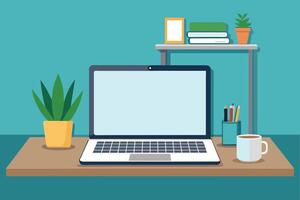 A laptop sits open on a wooden desk with a plant, a coffee cup, and a cup of pencils in the background. The computer screen is blank. vector