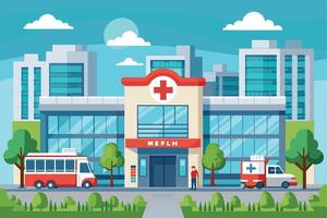 An illustration of a modern city hospital building with a large red cross on the front. There is an ambulance and a bus parked in front of the hospital on a sunny day. vector