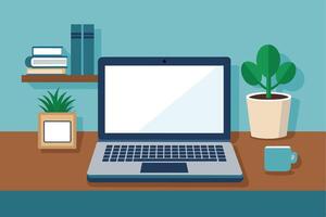 A flat design illustration of a laptop computer with a blank screen sitting on a wooden desk. There is a plant, a cup, and some books on a shelf in the background. vector