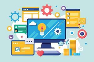 A colorful illustration of a computer screen with a lightbulb icon, surrounded by digital marketing icons and elements, representing modern digital marketing strategies. vector