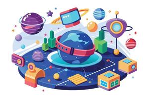 An illustration of a futuristic space scene with a large blue Earth surrounded by planets, stars, and other objects. vector
