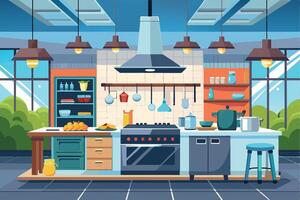 A colorful cartoon illustration depicting a modern kitchen interior with a stovetop, cabinets, and countertop. vector