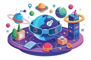 An illustration depicting a stylized Earth surrounded by planets and stars in a futuristic space setting. vector