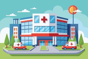 Illustration of a modern hospital building with two ambulances parked in front, on a sunny day. vector