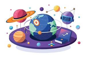 An illustration depicting a globe surrounded by planets, stars, and digital devices, symbolizing innovation and growth in a globalized world. vector