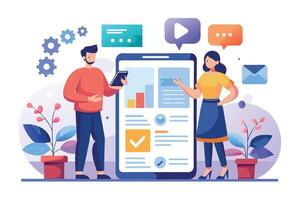 An illustration of two people standing in front of a large smartphone, examining the apps data and analytics. vector