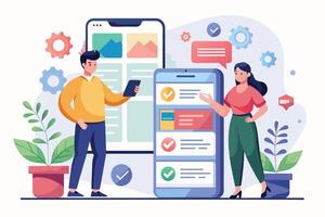 An illustration of two people working together on a mobile app development project, with checklists and designs visible on the screens of their devices. vector