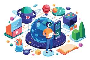 A man wearing a VR headset is holding a tablet in a digital world. Hes standing on a platform with objects around him including a globe, a smartphone, a book, and plants. vector