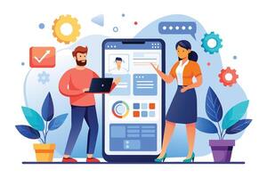 Illustration of two people working together to develop a mobile application. The image features a man with a laptop and a woman pointing at a large smartphone. vector