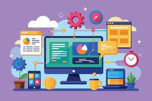 A vibrant illustration shows a desktop computer connected to a smartphone, laptop, cloud, and data representations like pie charts and text documents. vector