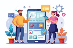 A man and woman discuss a mobile app project by pointing at a large smartphone screen with checkmarks, hearts, and other design elements. vector