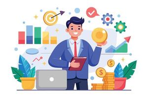 A cartoon illustration of a smiling businessman holding a gold coin, a laptop, and a chart. Surrounding him are various symbols of success, including money, a target, and a check mark. vector