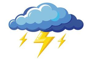 A cartoon illustration of a blue cloud with three yellow lightning bolts extending from the bottom. vector