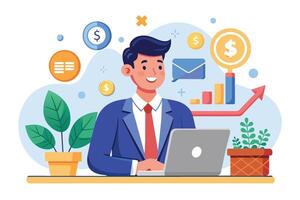 Illustration of a businessman working on his laptop, surrounded by dollar signs, a growth chart, and other business icons. vector