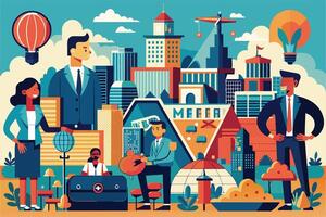 An illustration depicting diverse business professionals working together in a vibrant city setting, showcasing ideas and innovation. vector