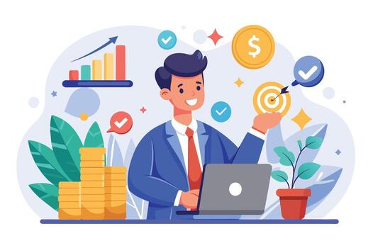 A cartoon businessman sits at a desk, smiling and pointing at a target with an arrow in it. He is using a laptop, and the image shows signs of financial growth and achievement. vector