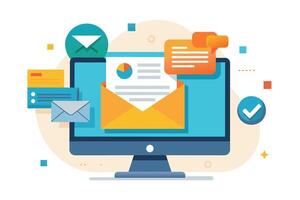 An illustration depicting a computer screen showing an open email with a chart and a message inside. vector