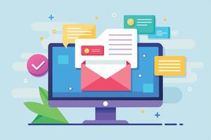 Illustration of a desktop computer with an open email and multiple notifications. vector
