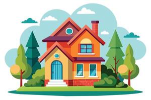 A cartoon illustration of a two-story suburban home with a blue door, windows, and a brick base. There are trees and green bushes in the front yard, and white clouds in the blue sky. vector