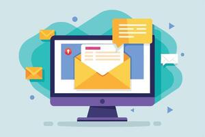 A flat illustration of a computer screen showing an open email with a notification. There are several other email icons surrounding the computer. vector