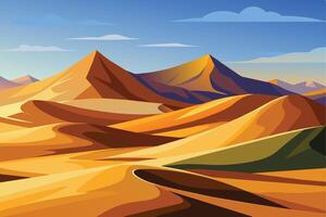 A picturesque illustration depicting a vast desert landscape with rolling sand dunes and distant mountain peaks bathed in the warm glow of the setting sun. vector