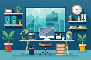 A modern office desk with a computer, lamp, chair, and plants. The desk is against a blue wall with a window overlooking a city skyline. vector