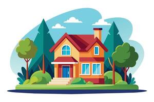 A cartoon illustration of a two-story house with a red roof and green trees in the background. The house has a front porch with a blue door. vector