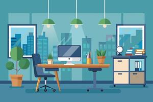Image of a sleek office desk with computer, chair, and plants next to a window overlooking a cityscape. Filing cabinet is on the right. vector